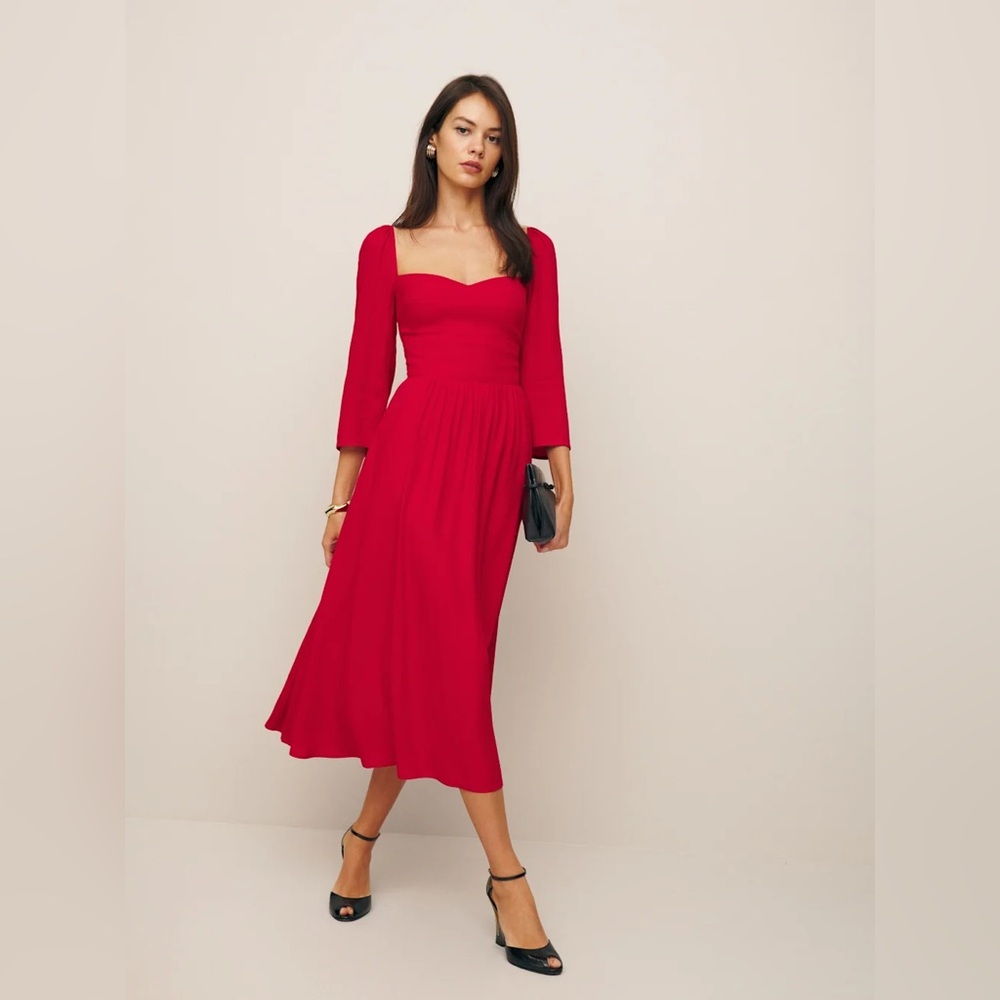 Reformation Red Midi Dress with Sweetheart Neck